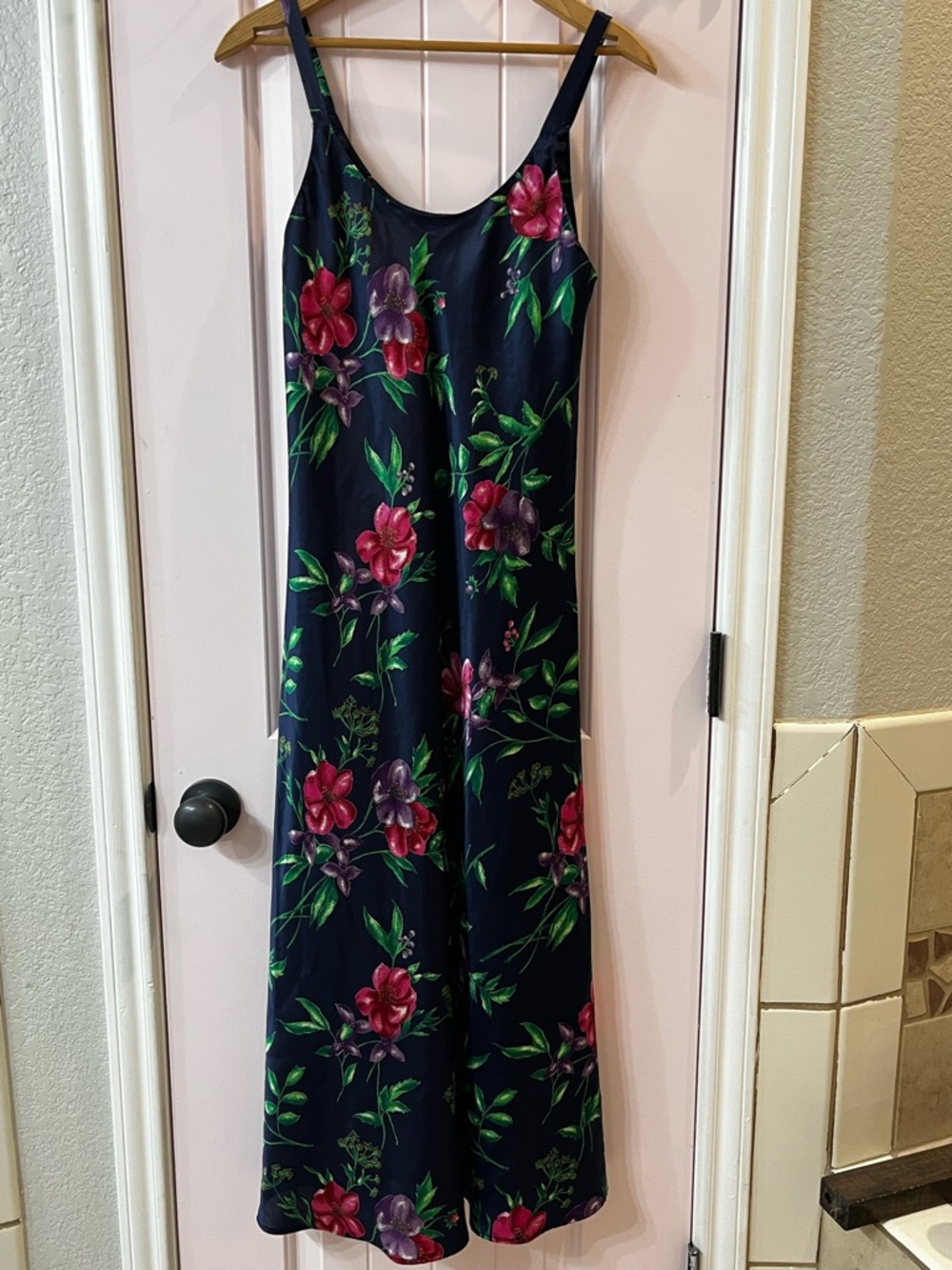 Vintage 90’s Georgette by Leslie Navy Floral Slip Dress with Pink & Green Bloom